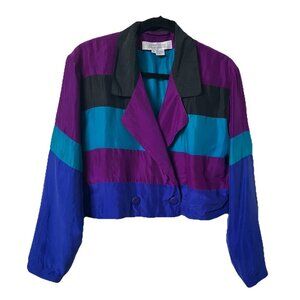 Vintage Sunny Leigh Blazer Womens M 100% Silk Stripe Cropped 80s Blue Purple